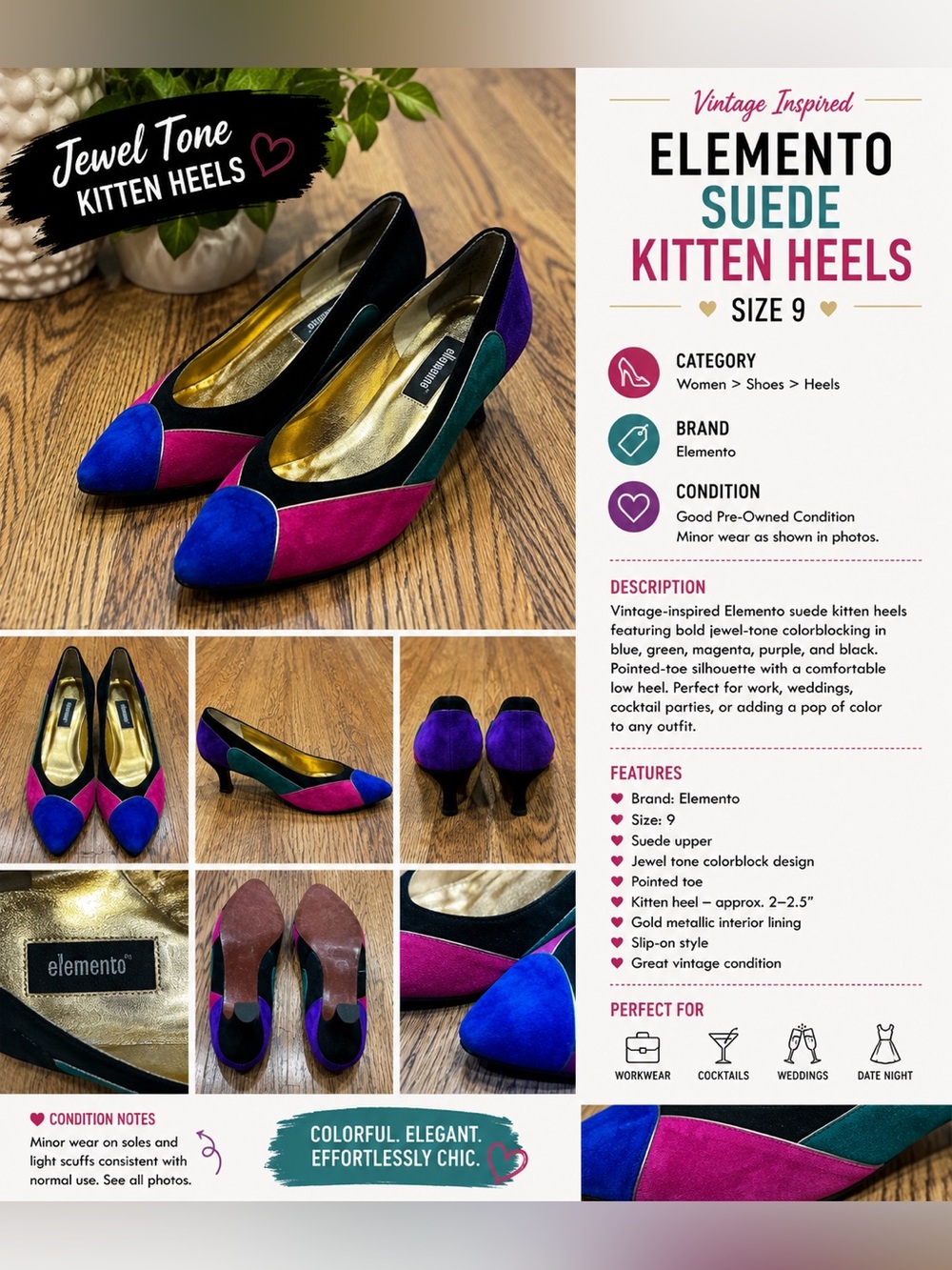 Ellemenno Colorblock Suede Kitten Heels Size 9 Vintage Jewel Tone Pumps